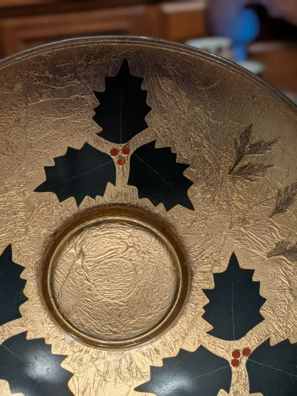 Vintage Holiday Brass Enamel Painted Bowl Christmas Holly Berries and Leaves